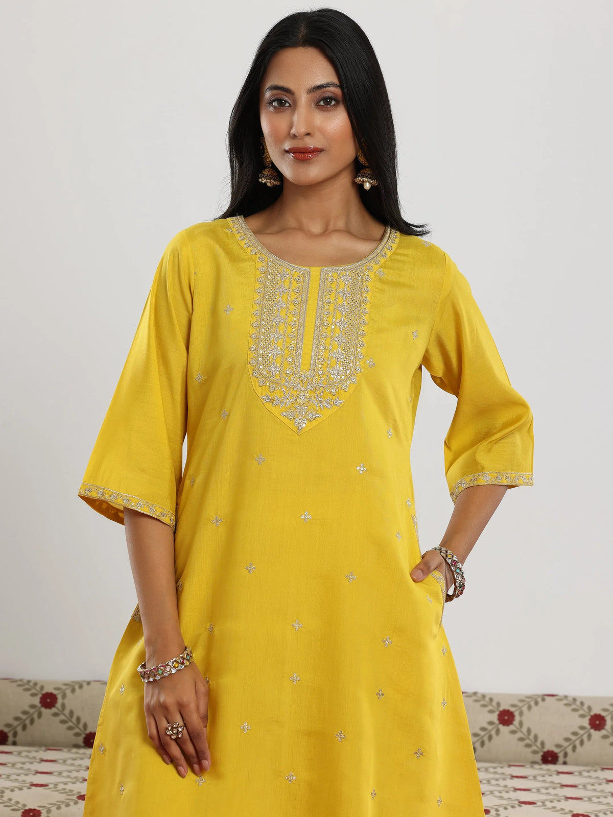 Gerua Yellow Embroidered Silk Blend Straight Suit With Dupatta