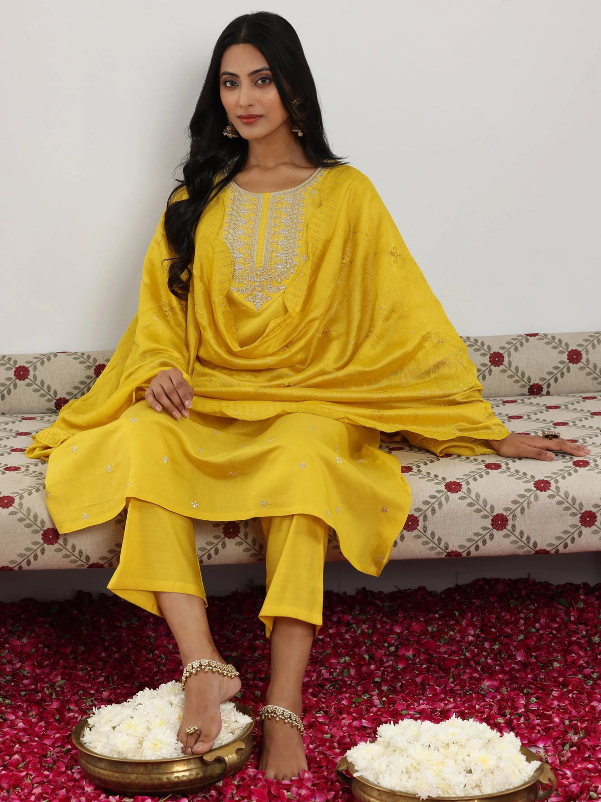 Gerua Yellow Embroidered Silk Blend Straight Suit With Dupatta