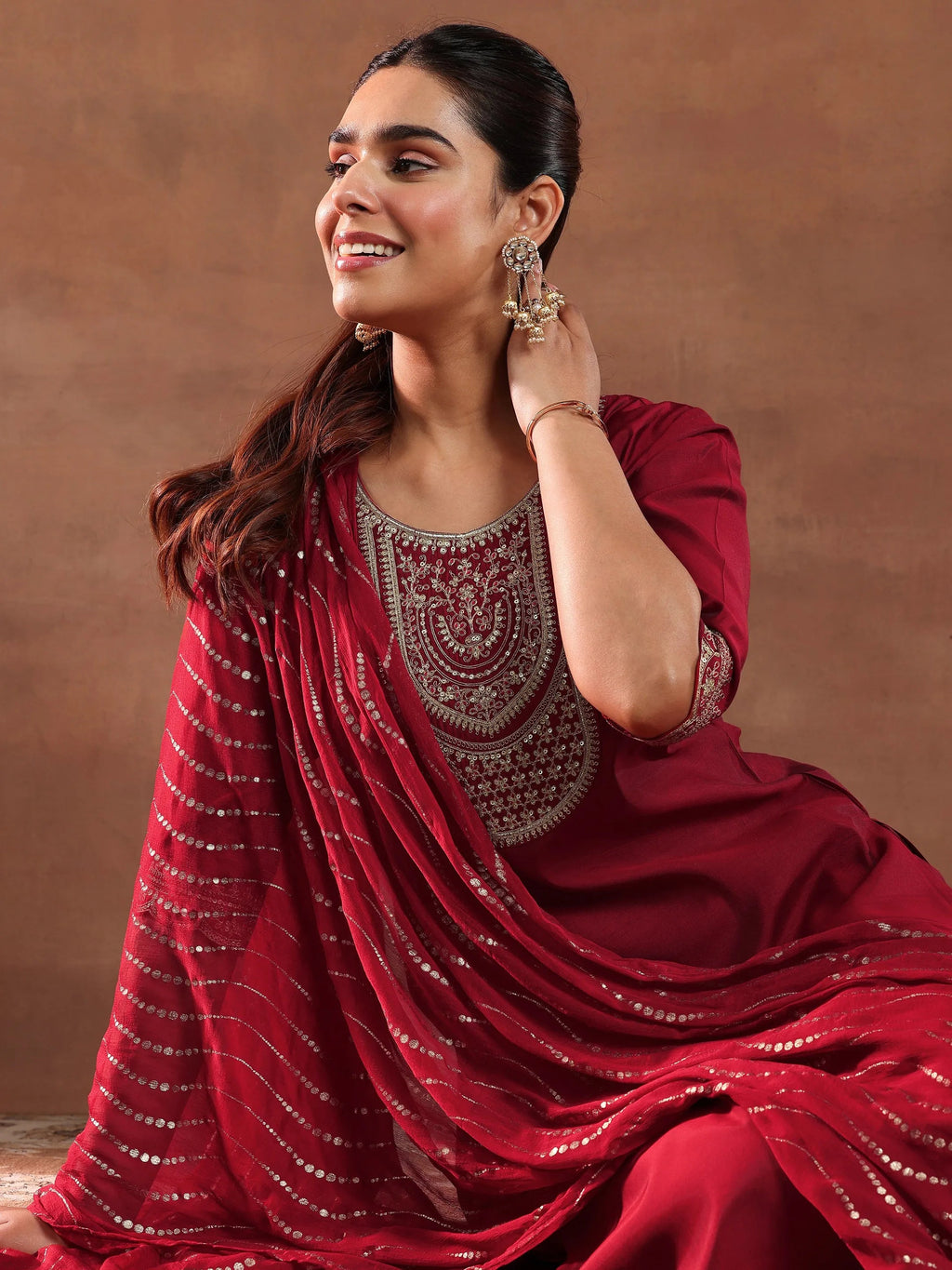 Gerua Red Yoke Design Silk Blend Straight Suit With Dupatta-color check