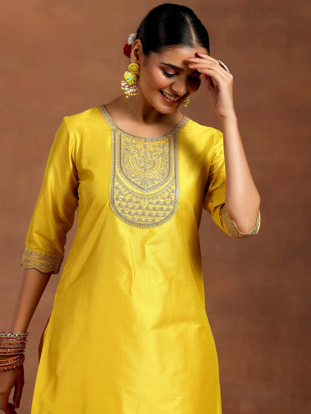 Gerua Yellow Yoke Design Silk Blend Straight Suit With Dupatta