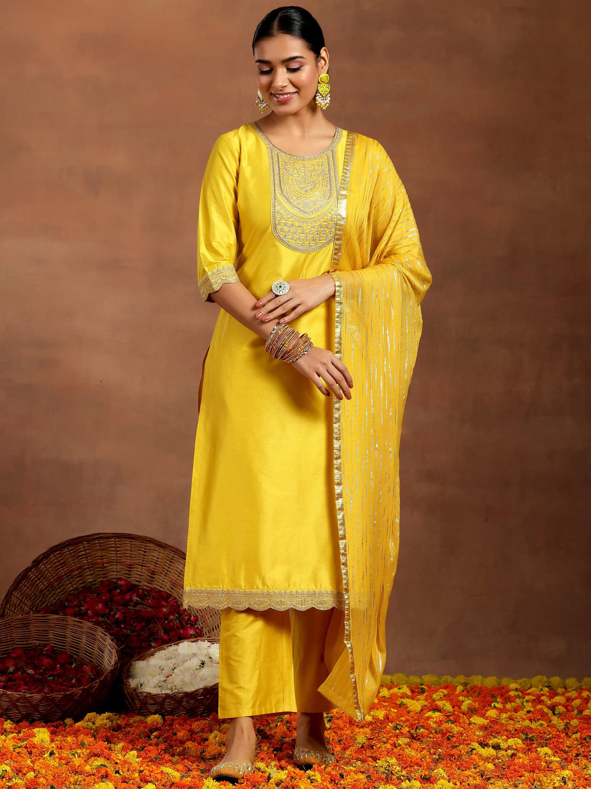 Gerua Yellow Yoke Design Silk Blend Straight Suit With Dupatta