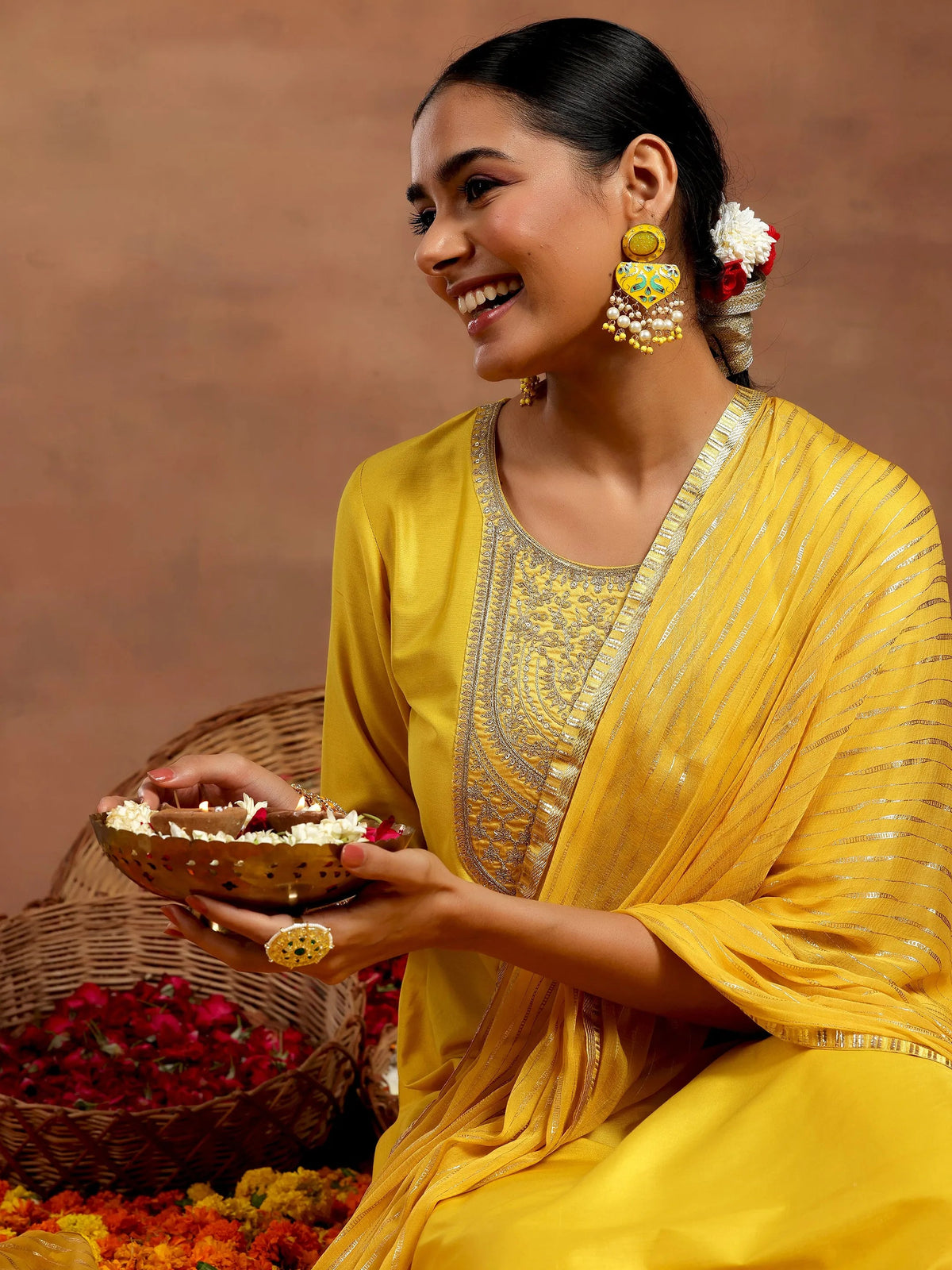 Gerua Yellow Yoke Design Silk Blend Straight Suit With Dupatta