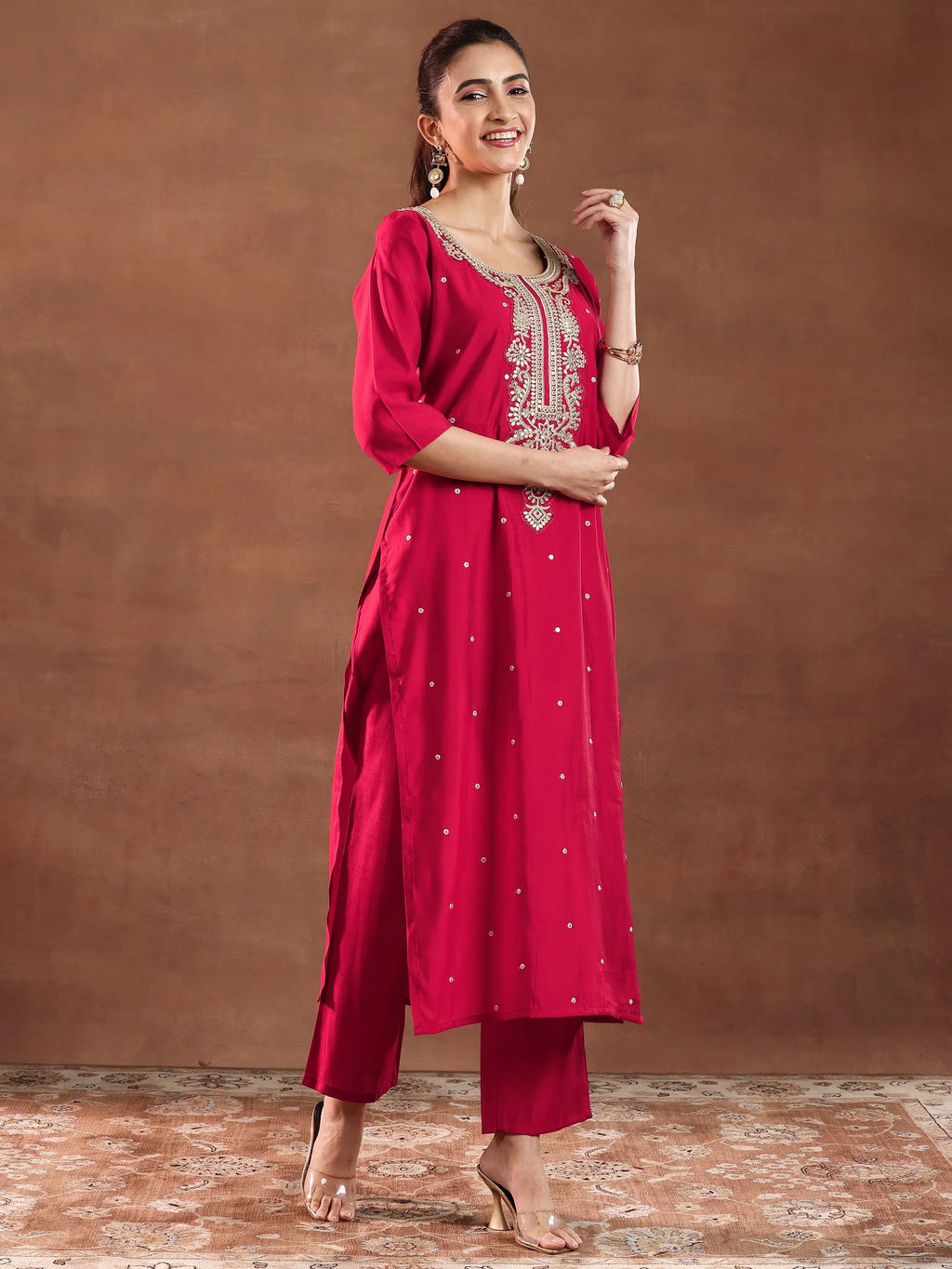 Gerua Red Embroidered Silk Blend Straight Suit With Dupatta-color issye