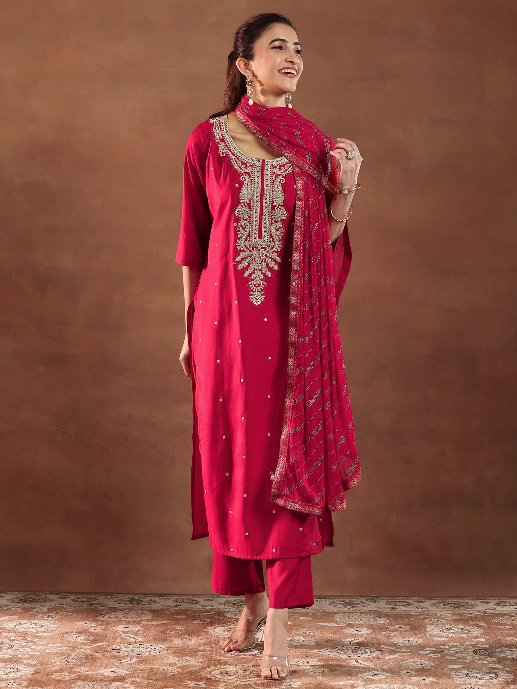 Gerua Red Embroidered Silk Blend Straight Suit With Dupatta-color issye