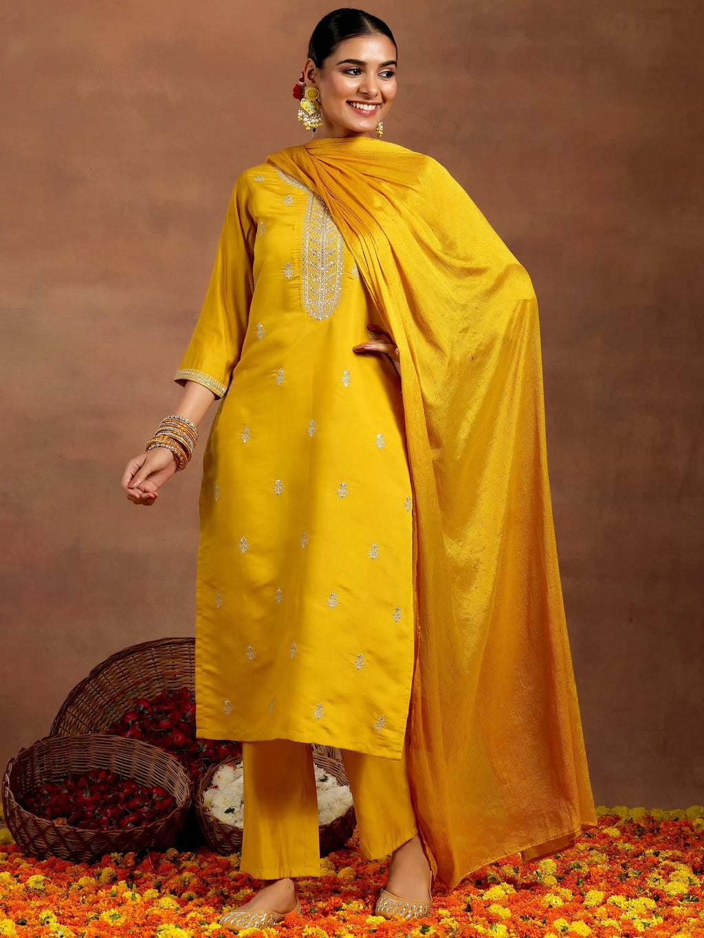 Gerua Mustard Embroidered Silk Blend Straight Suit With Dupatta