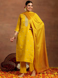 Gerua Mustard Embroidered Silk Blend Straight Suit With Dupatta