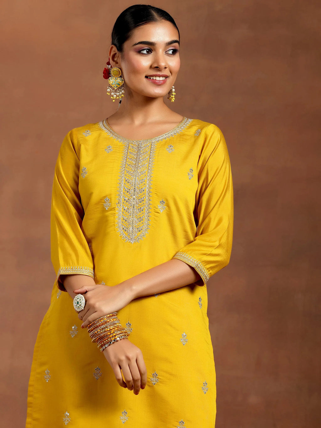 Gerua Mustard Embroidered Silk Blend Straight Suit With Dupatta