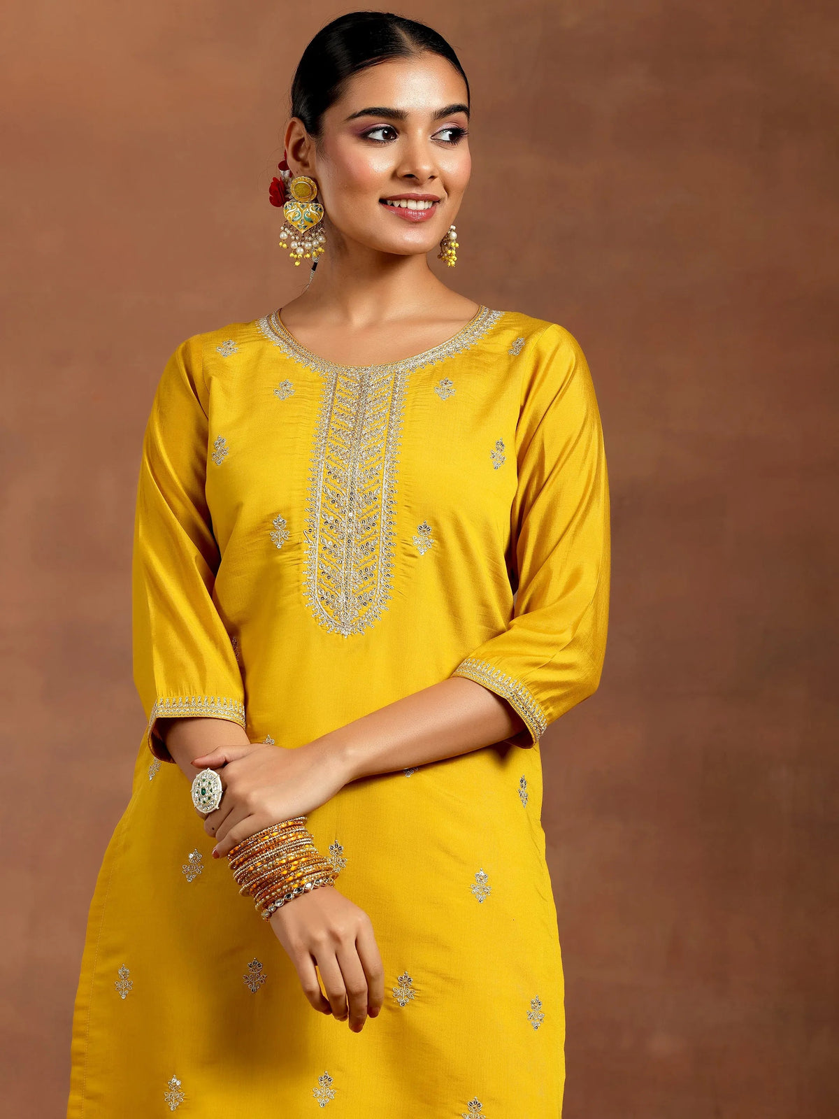 Gerua Mustard Embroidered Silk Blend Straight Suit With Dupatta