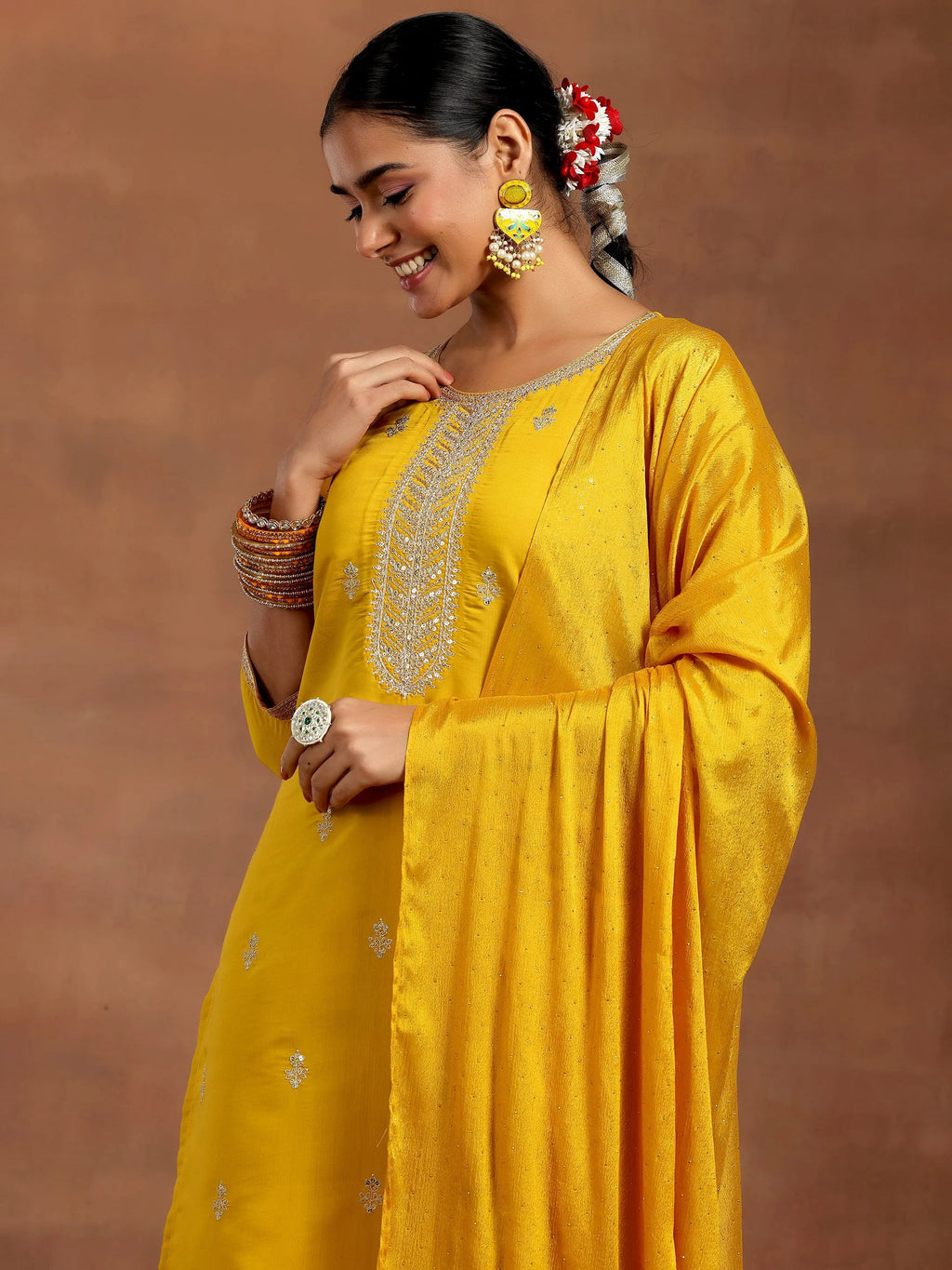 Gerua Mustard Embroidered Silk Blend Straight Suit With Dupatta