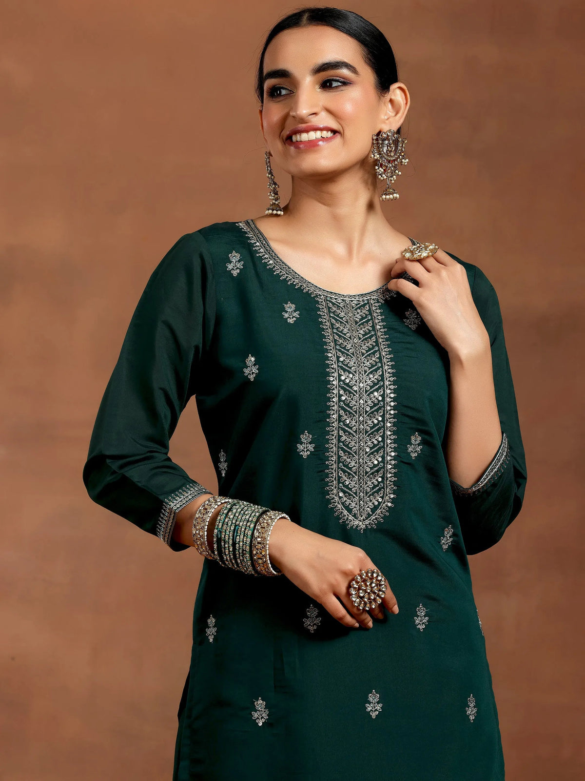 Gerua Green Embroidered Silk Blend Straight Suit With Dupatta