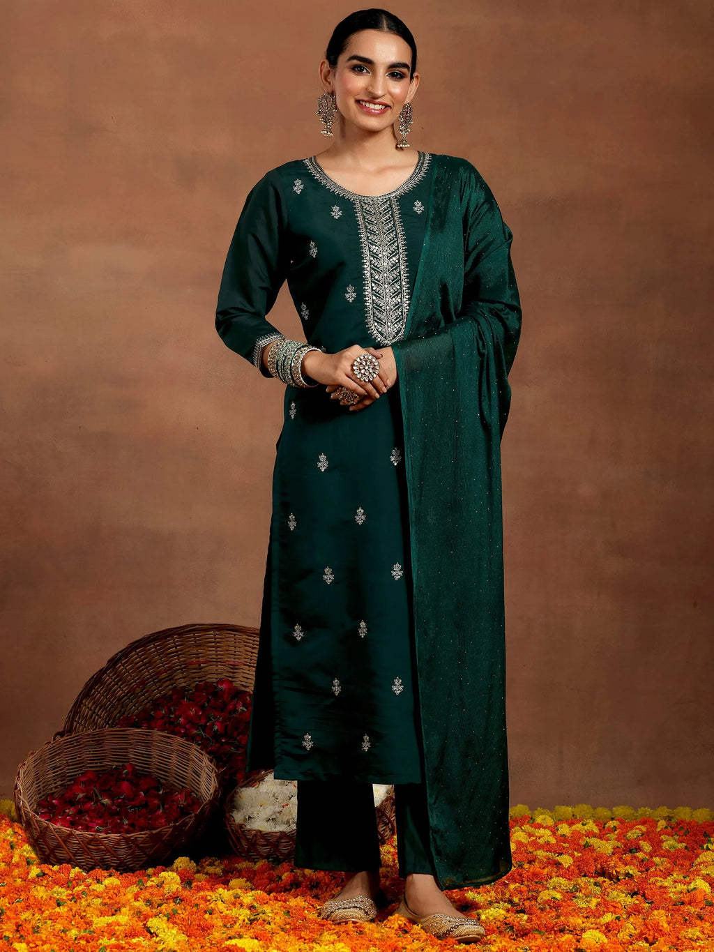 Gerua Green Embroidered Silk Blend Straight Suit With Dupatta