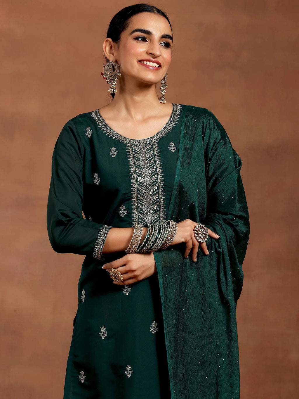 Gerua Green Embroidered Silk Blend Straight Suit With Dupatta