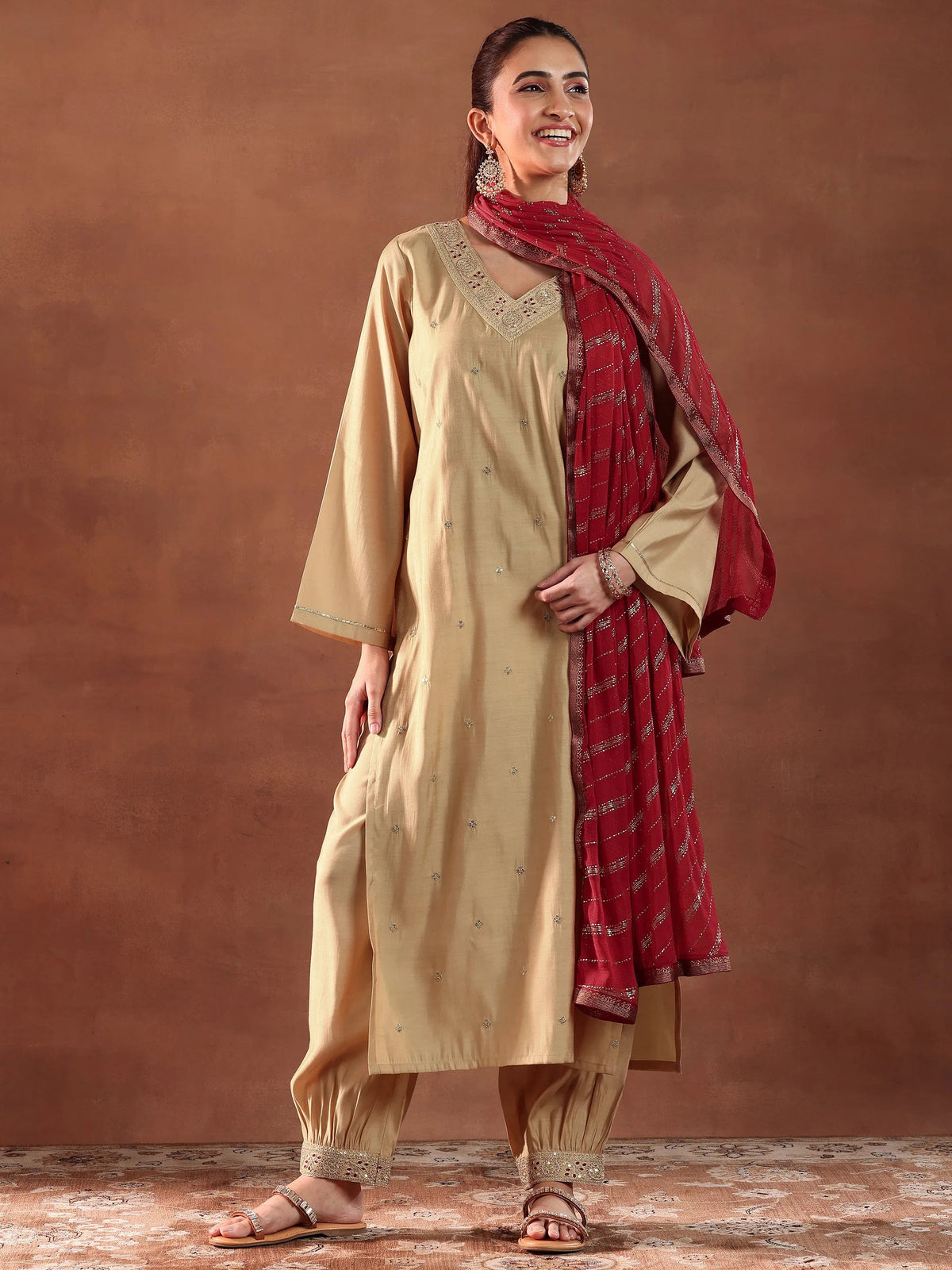 Gerua Beige Embroidered Silk Blend Straight Suit With Dupatta