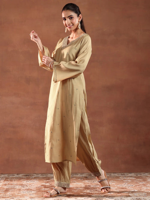 Gerua Beige Embroidered Silk Blend Straight Suit With Dupatta