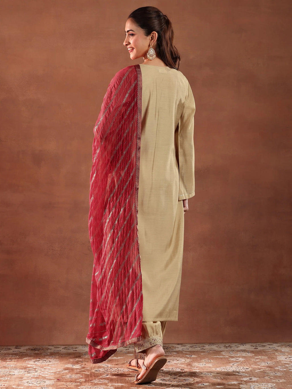 Gerua Beige Embroidered Silk Blend Straight Suit With Dupatta