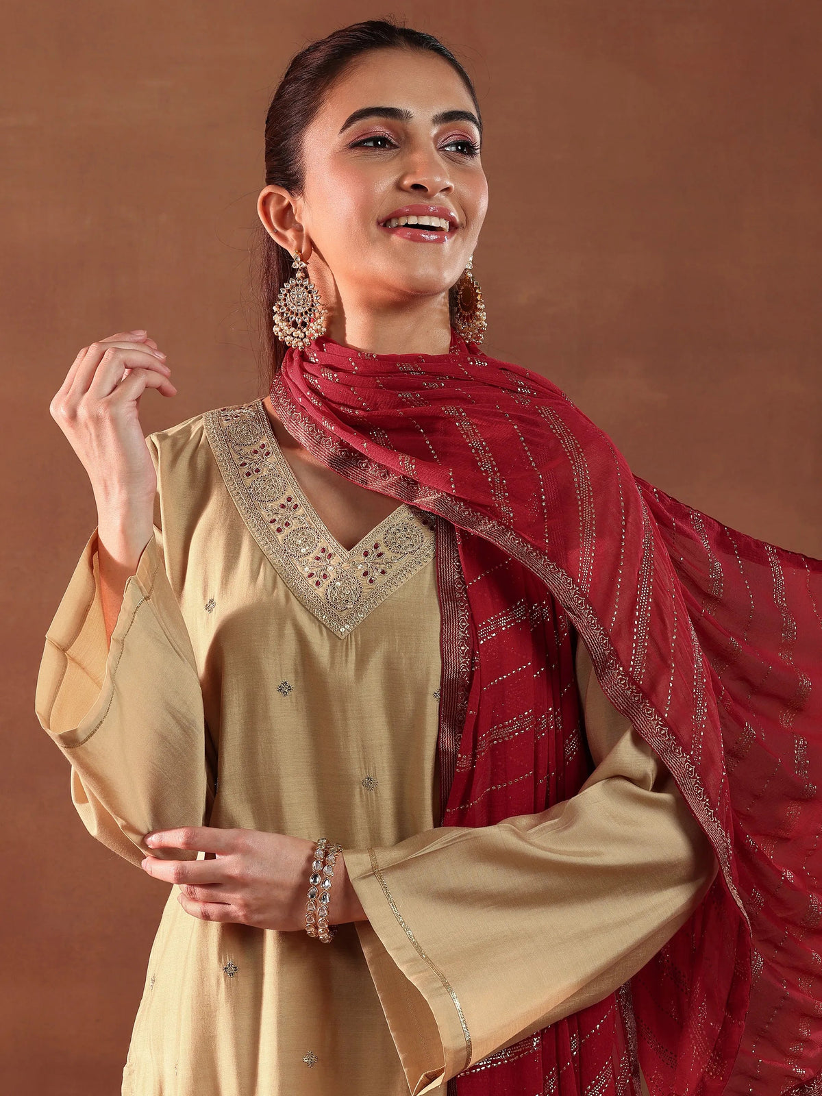 Gerua Beige Embroidered Silk Blend Straight Suit With Dupatta