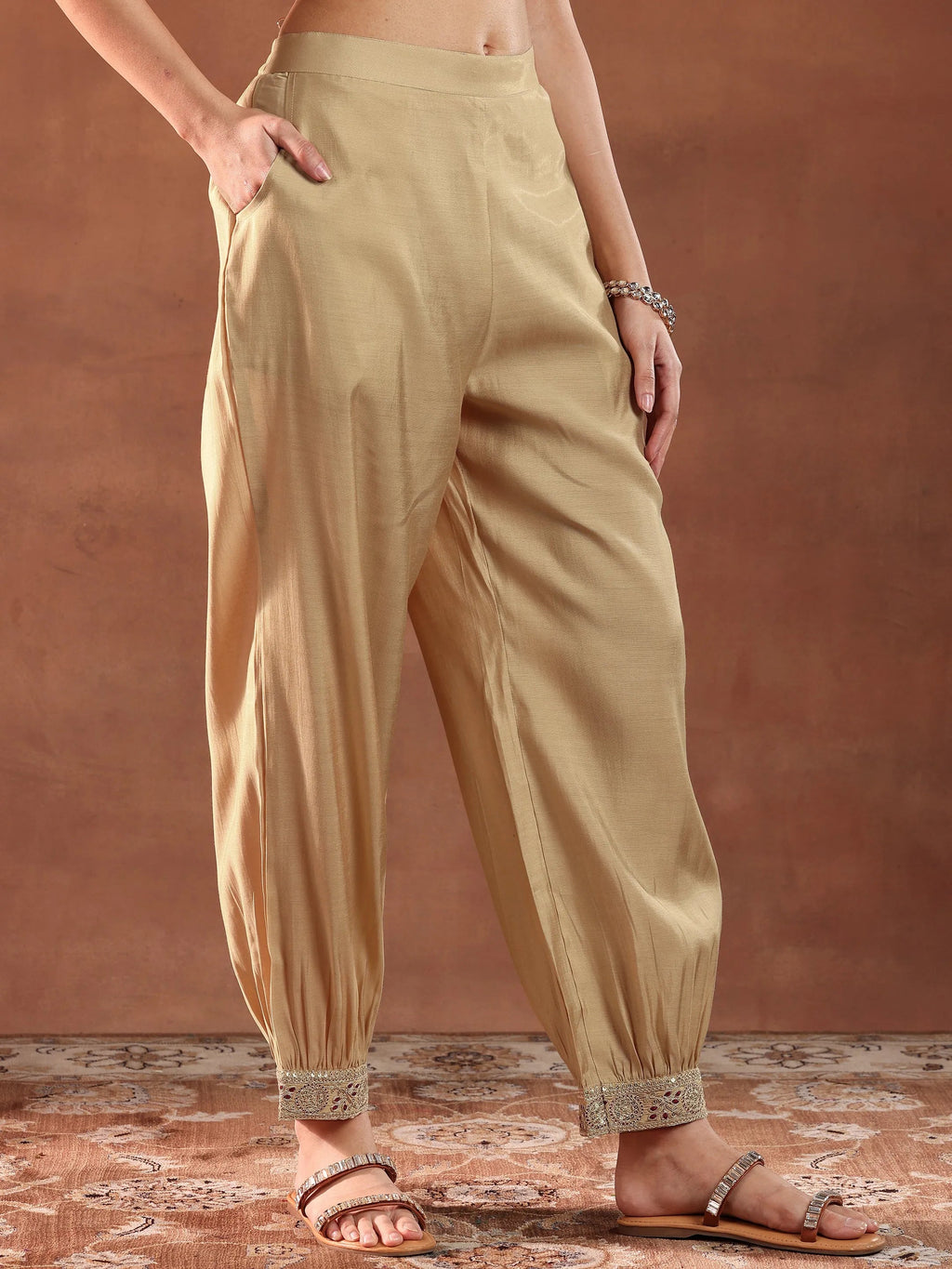 Gerua Beige Embroidered Silk Blend Straight Suit With Dupatta