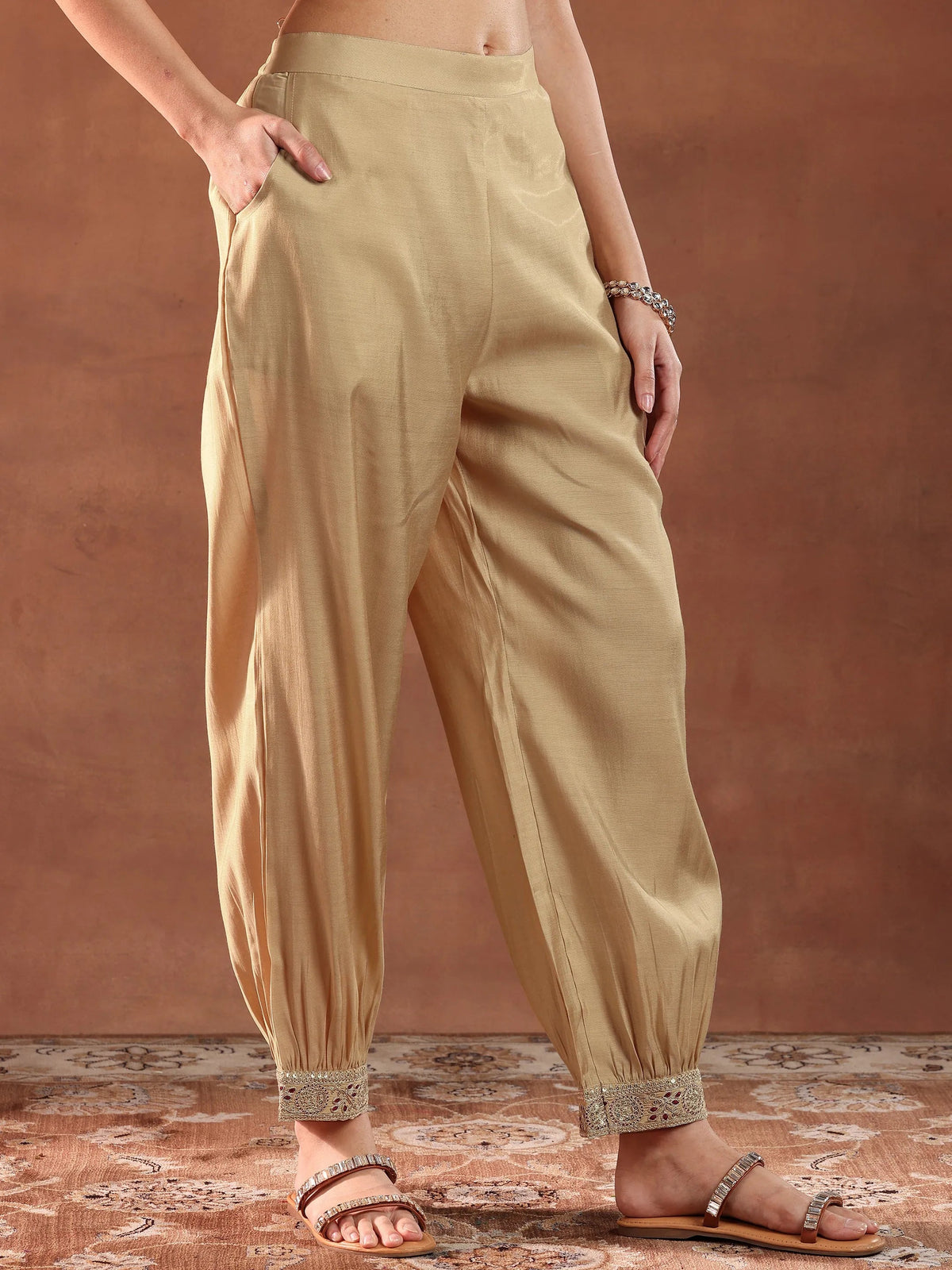 Gerua Beige Embroidered Silk Blend Straight Suit With Dupatta