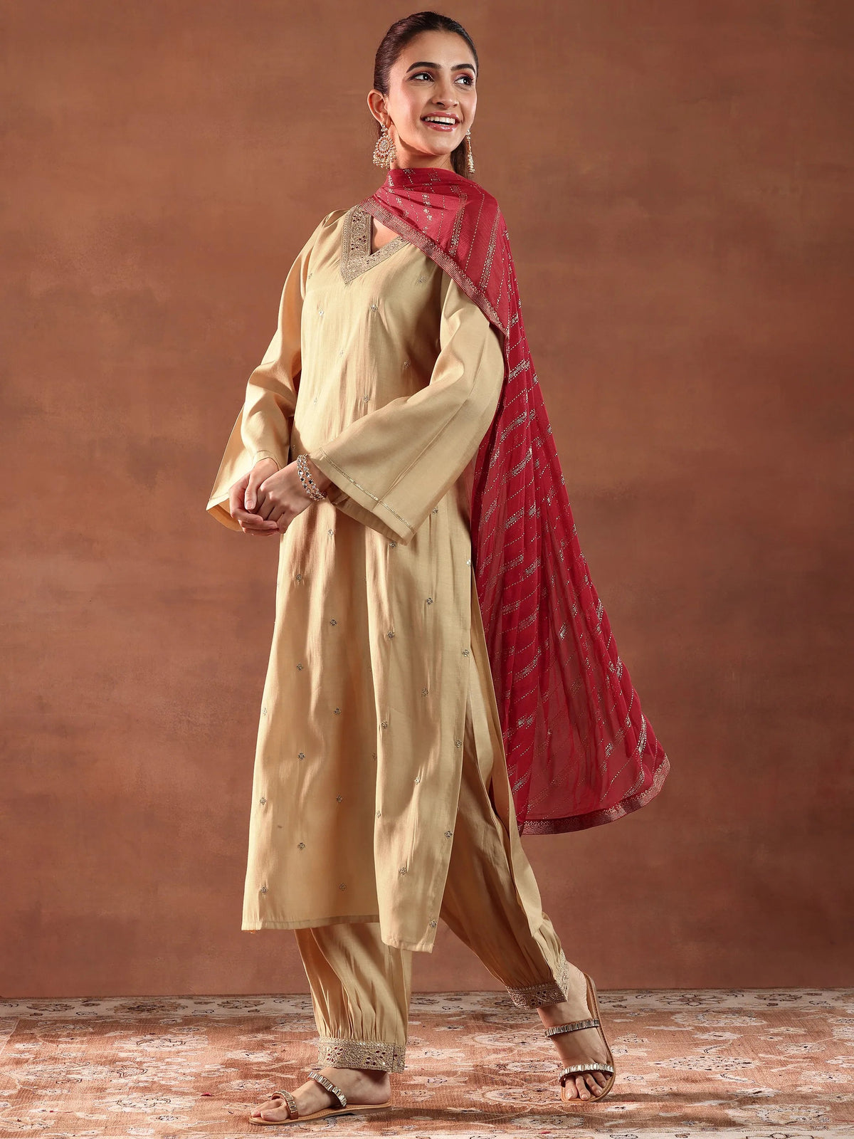 Gerua Beige Embroidered Silk Blend Straight Suit With Dupatta