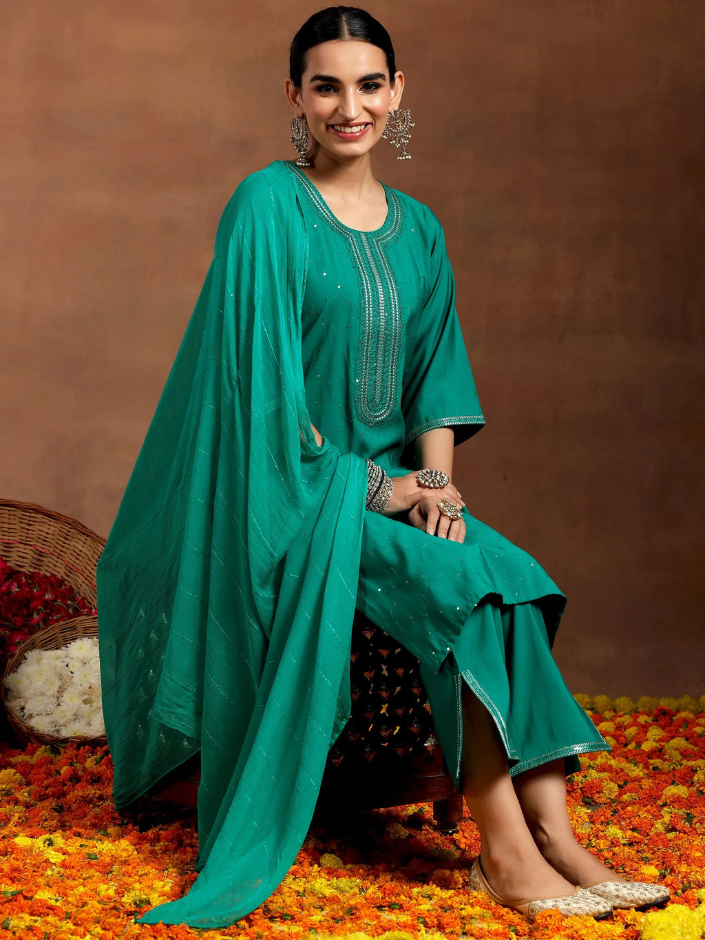 Gerua Rama Green Embellished Silk Blend Straight Suit With Dupatta