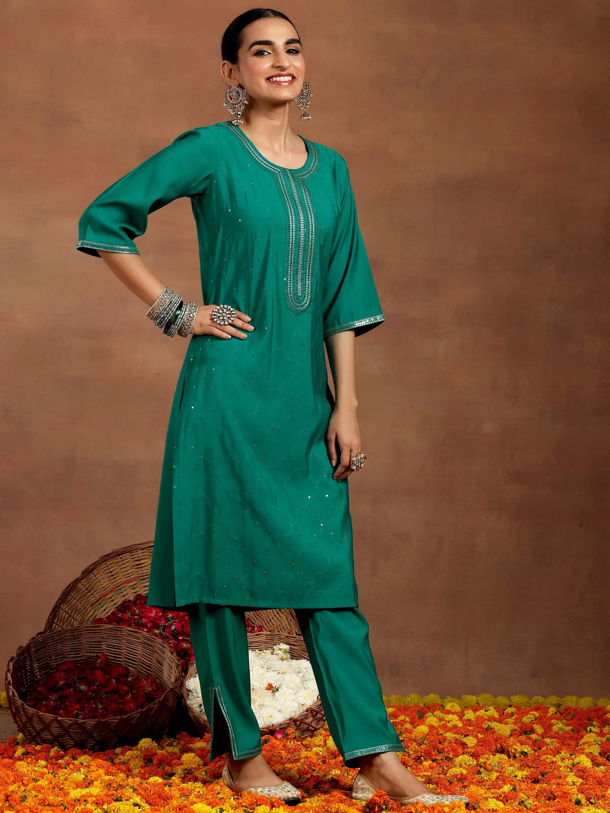 Gerua Rama Green Embellished Silk Blend Straight Suit With Dupatta