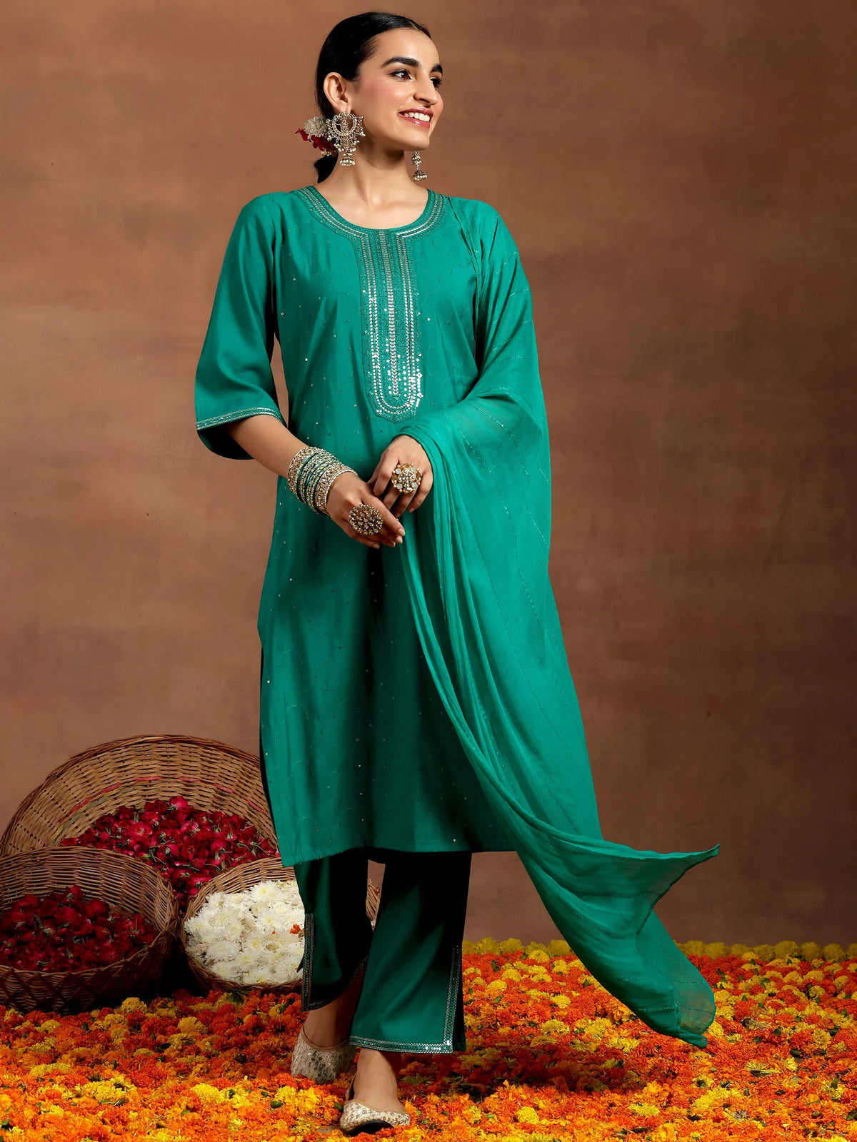 Gerua Rama Green Embellished Silk Blend Straight Suit With Dupatta