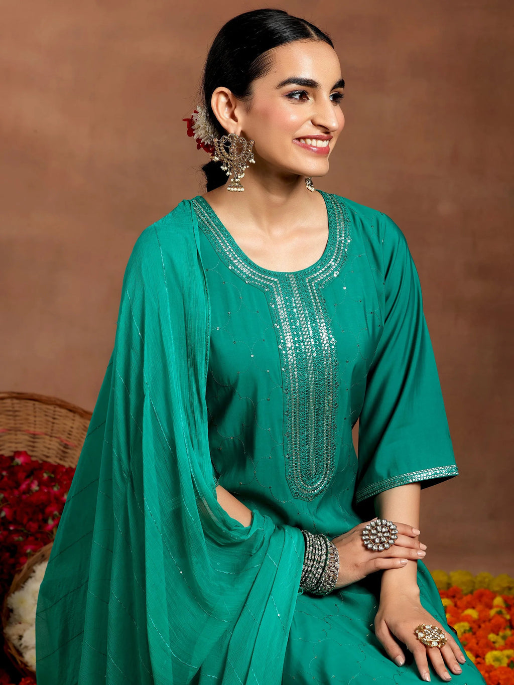 Gerua Rama Green Embellished Silk Blend Straight Suit With Dupatta
