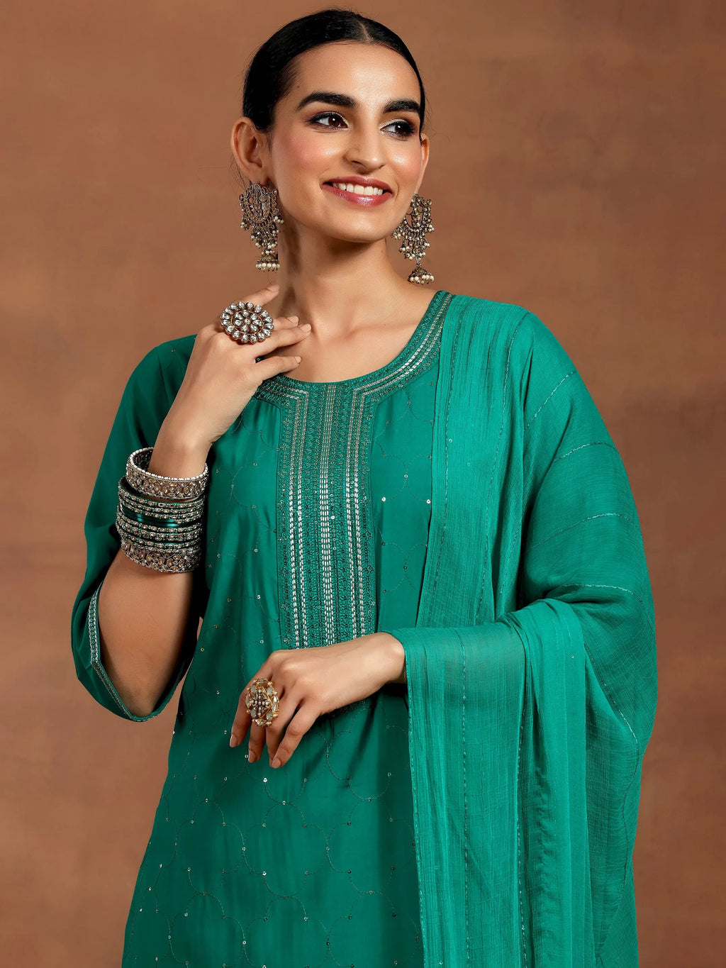 Gerua Rama Green Embellished Silk Blend Straight Suit With Dupatta