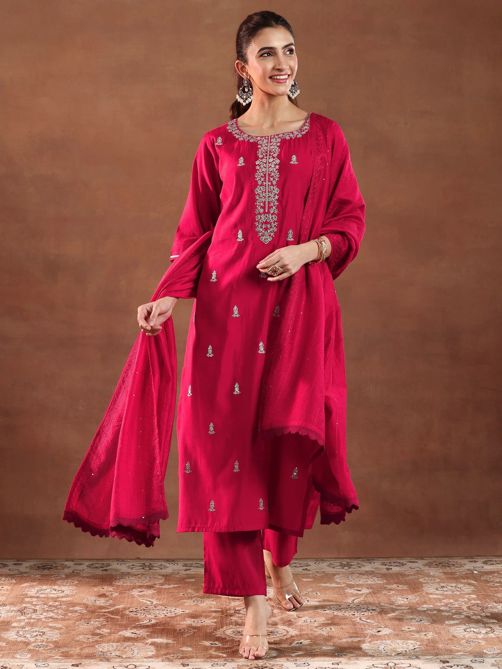 Gerua Red Embroidered Silk Blend Straight Suit With Dupatta-color issue