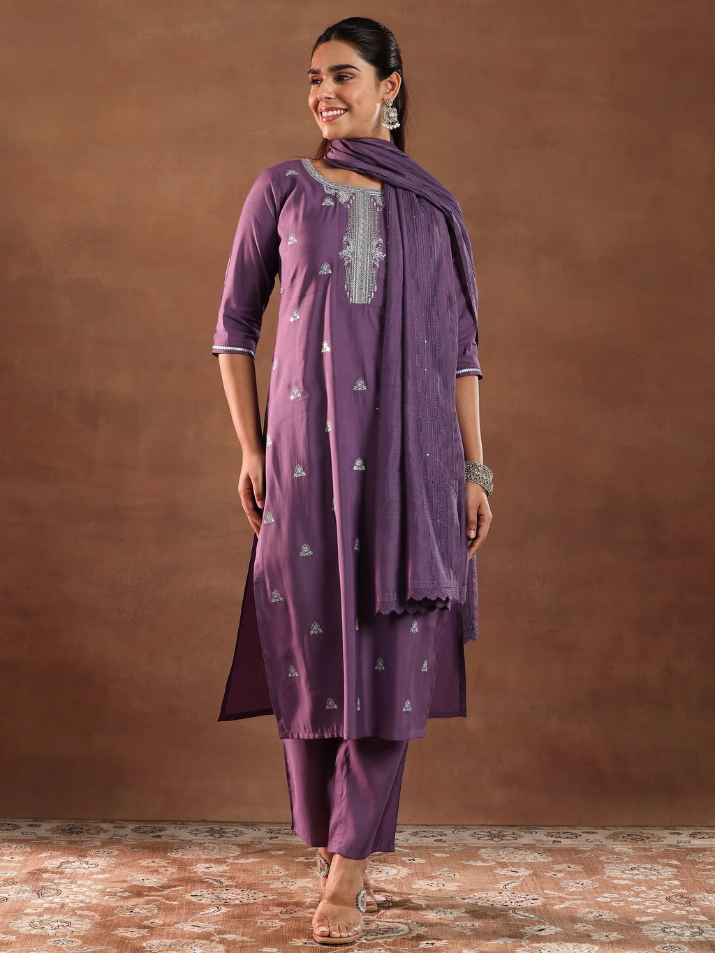 Gerua Mauve Embroidered Silk Blend Straight Suit With Dupatta