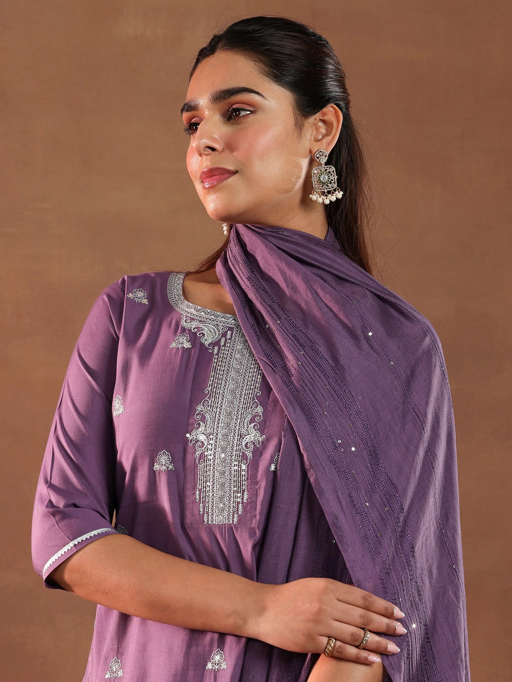 Gerua Mauve Embroidered Silk Blend Straight Suit With Dupatta
