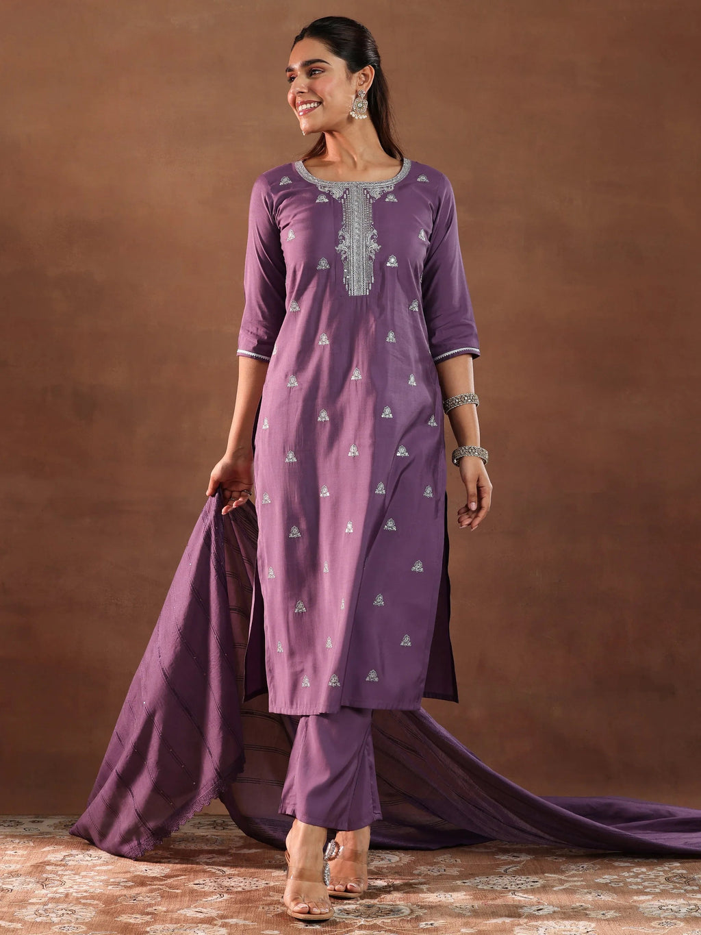 Gerua Mauve Embroidered Silk Blend Straight Suit With Dupatta