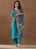 Gerua Blue Yoke Design Silk Blend Straight Suit Set With Dupatta