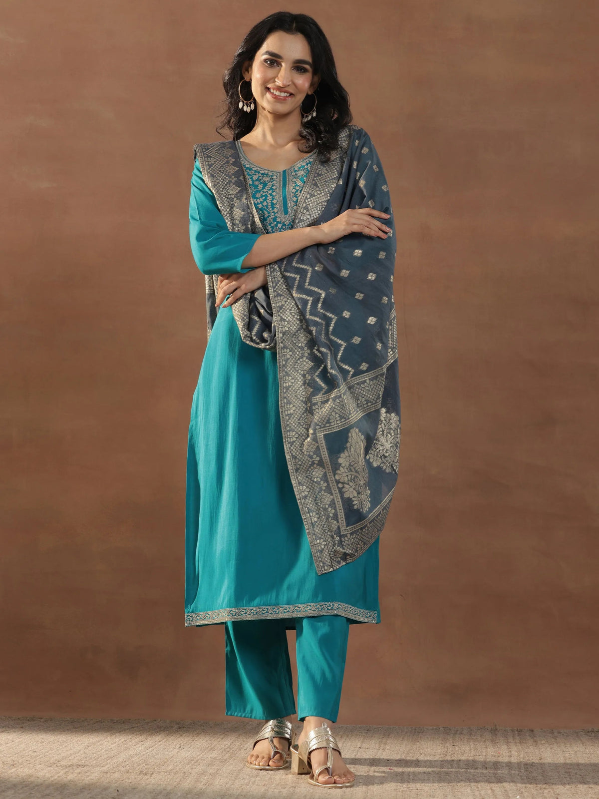 Gerua Blue Yoke Design Silk Blend Straight Suit Set With Dupatta