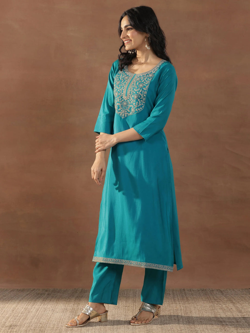 Gerua Blue Yoke Design Silk Blend Straight Suit Set With Dupatta