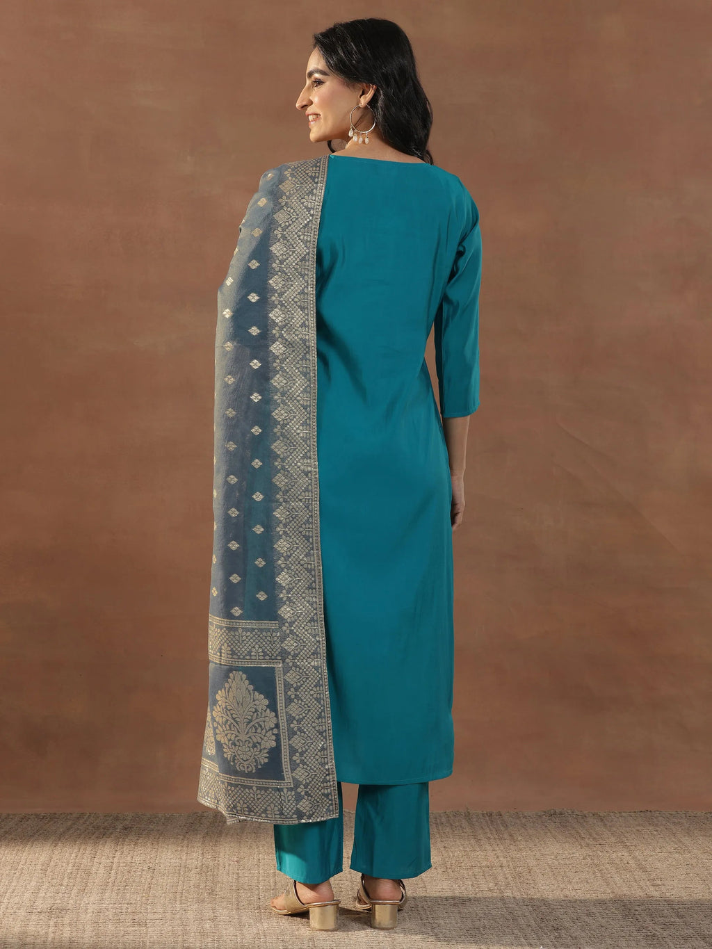 Gerua Blue Yoke Design Silk Blend Straight Suit Set With Dupatta