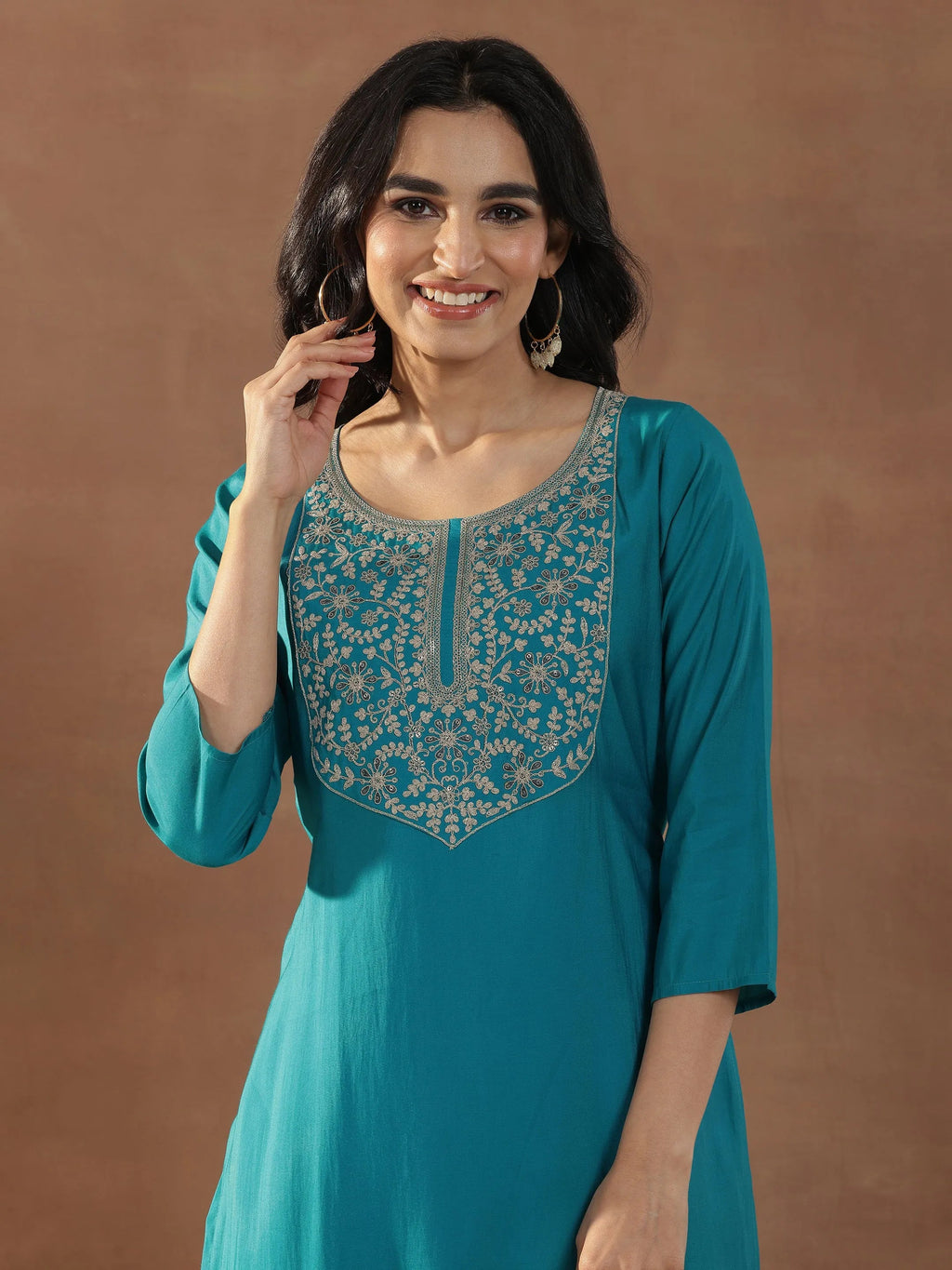 Gerua Blue Yoke Design Silk Blend Straight Suit Set With Dupatta