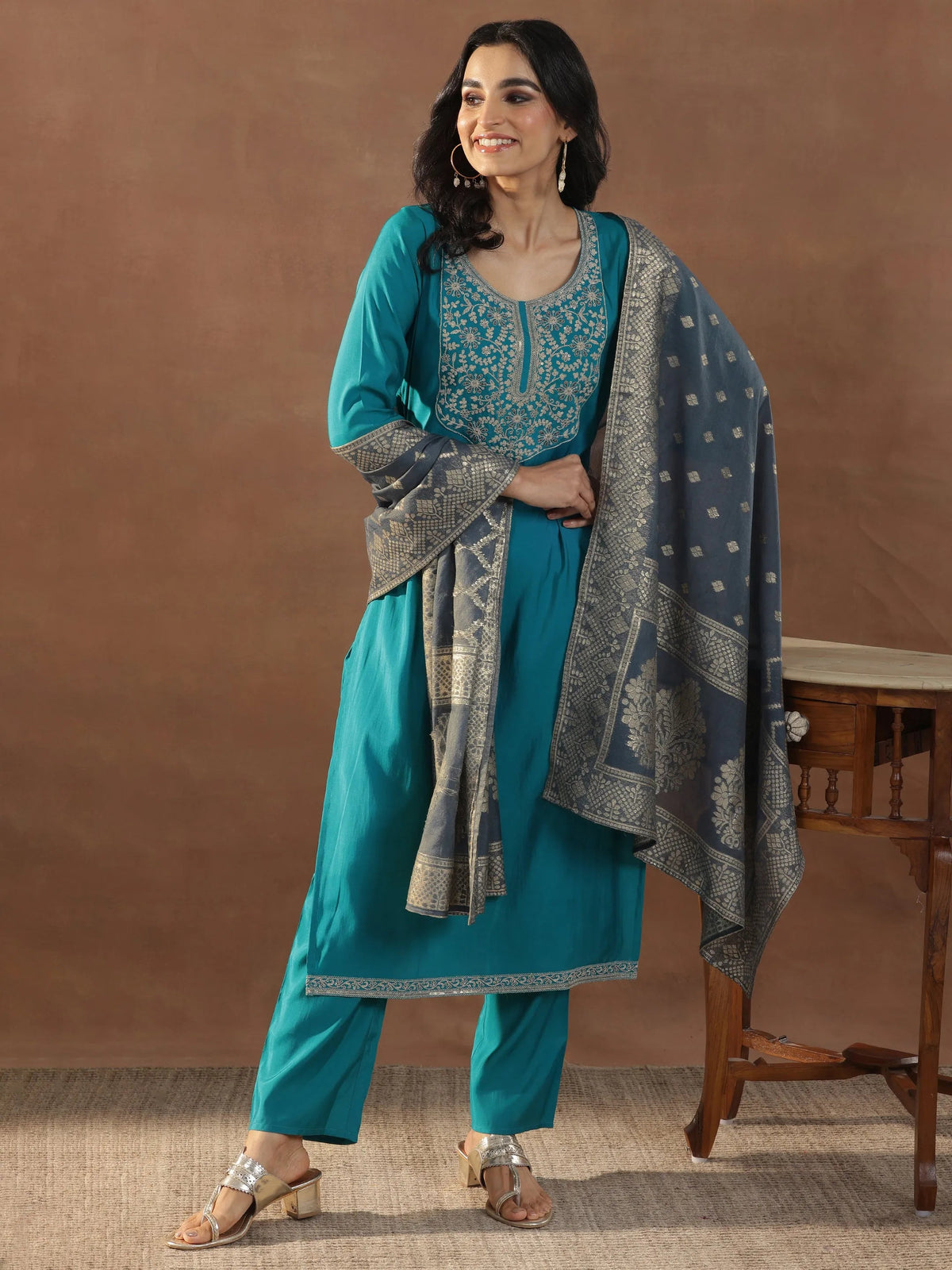 Gerua Blue Yoke Design Silk Blend Straight Suit Set With Dupatta