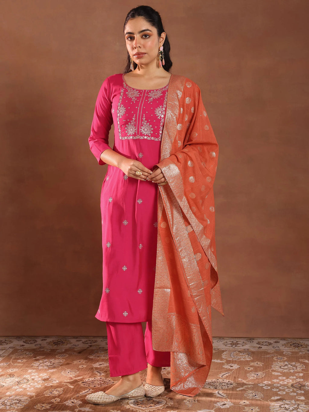 Gerua Pink Embroidered Silk Blend Straight Suit With Dupatta