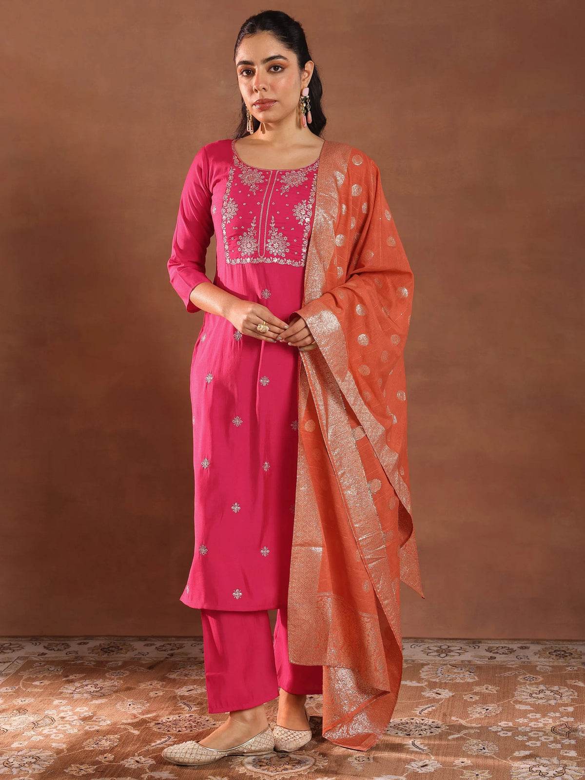 Gerua Pink Embroidered Silk Blend Straight Suit With Dupatta