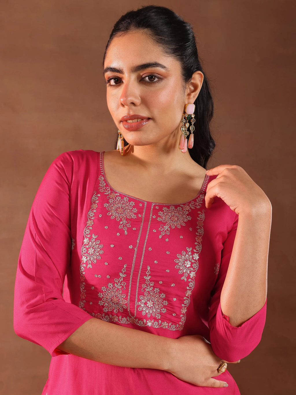 Gerua Pink Embroidered Silk Blend Straight Suit With Dupatta