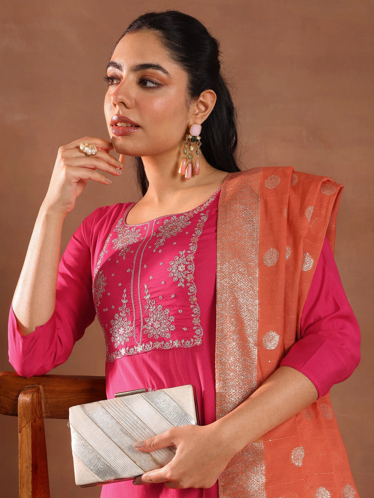Gerua Pink Embroidered Silk Blend Straight Suit With Dupatta