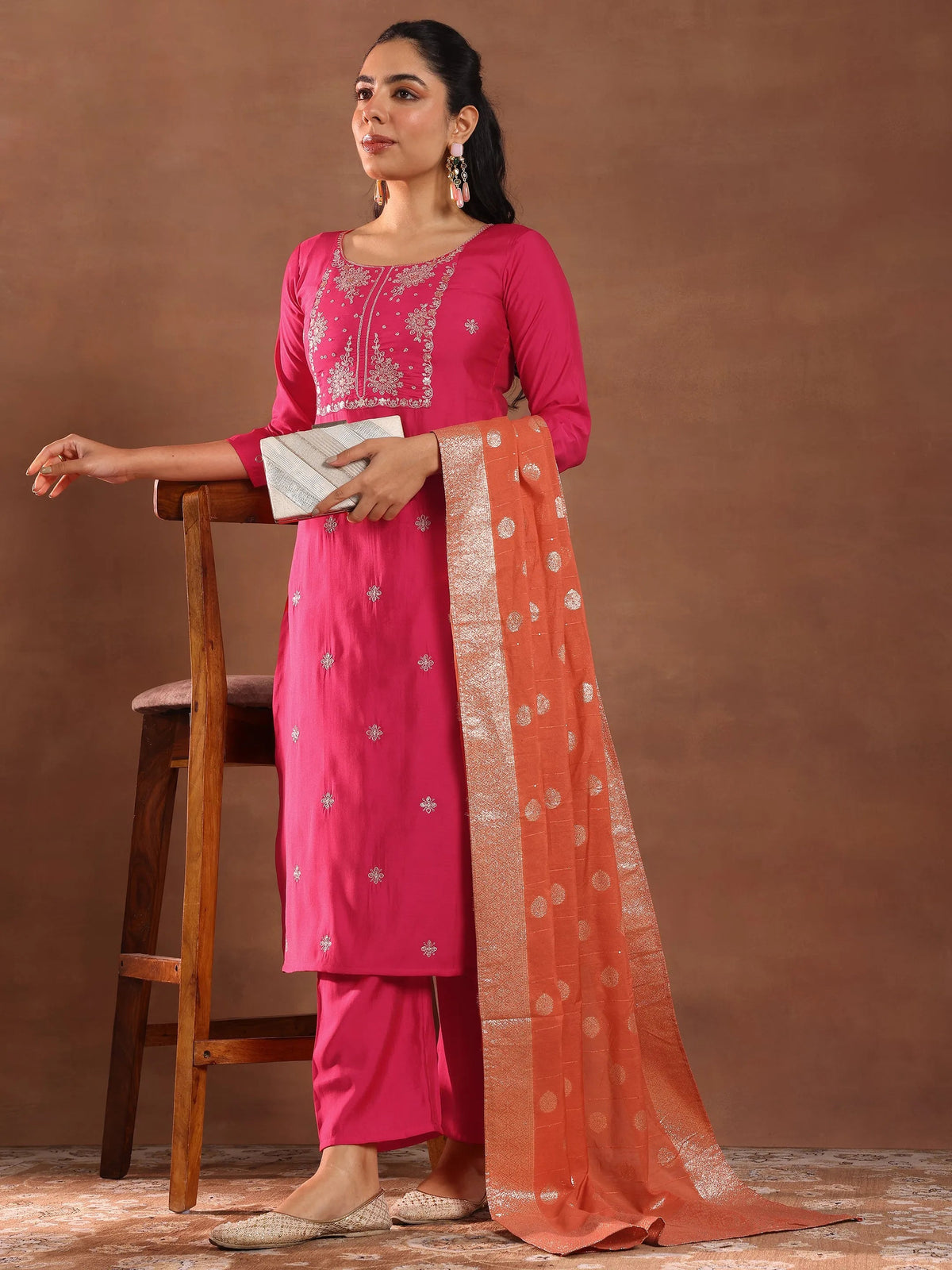 Gerua Pink Embroidered Silk Blend Straight Suit With Dupatta