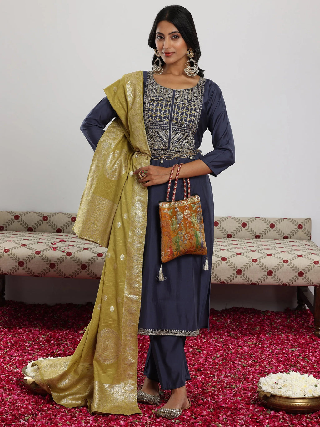 Gerua Blue Yoke Design Silk Blend Straight Suit With Dupatta