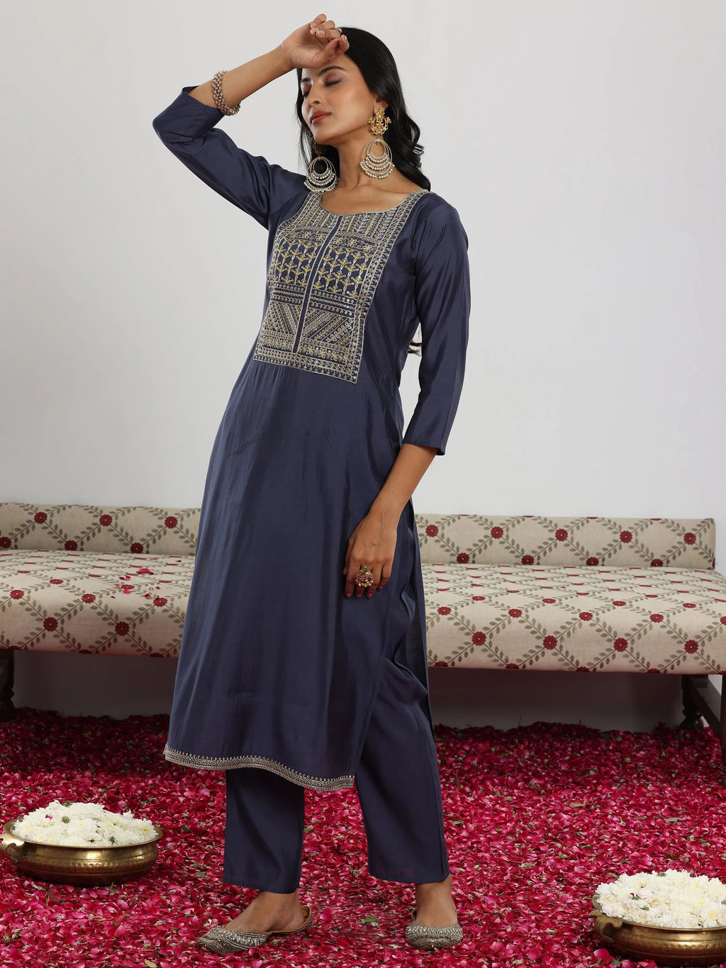 Gerua Blue Yoke Design Silk Blend Straight Suit With Dupatta