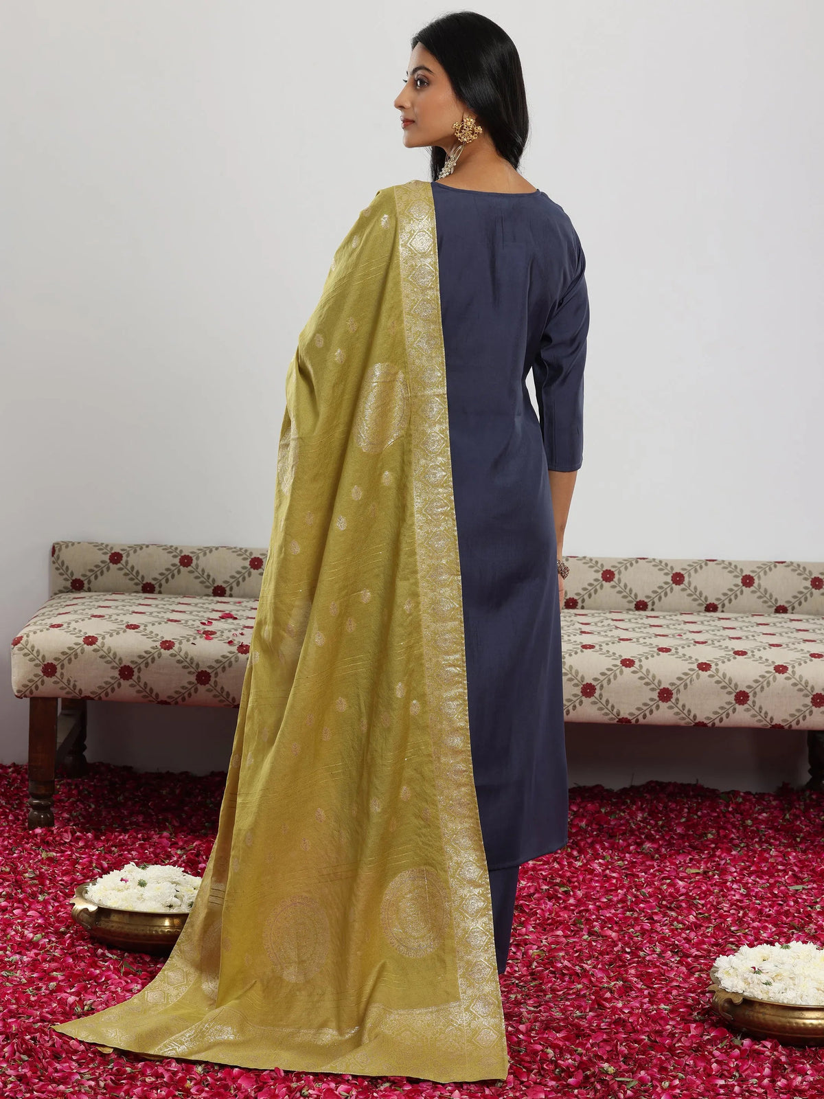 Gerua Blue Yoke Design Silk Blend Straight Suit With Dupatta