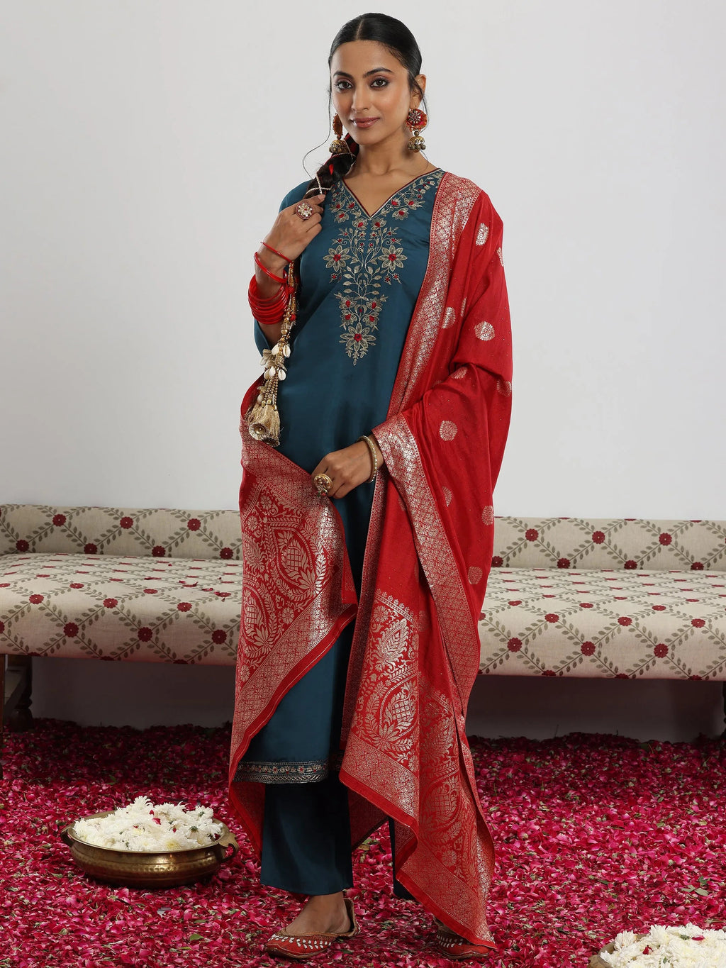 Gerua Teal Yoke Design Silk Blend Straight Suit With Dupatta