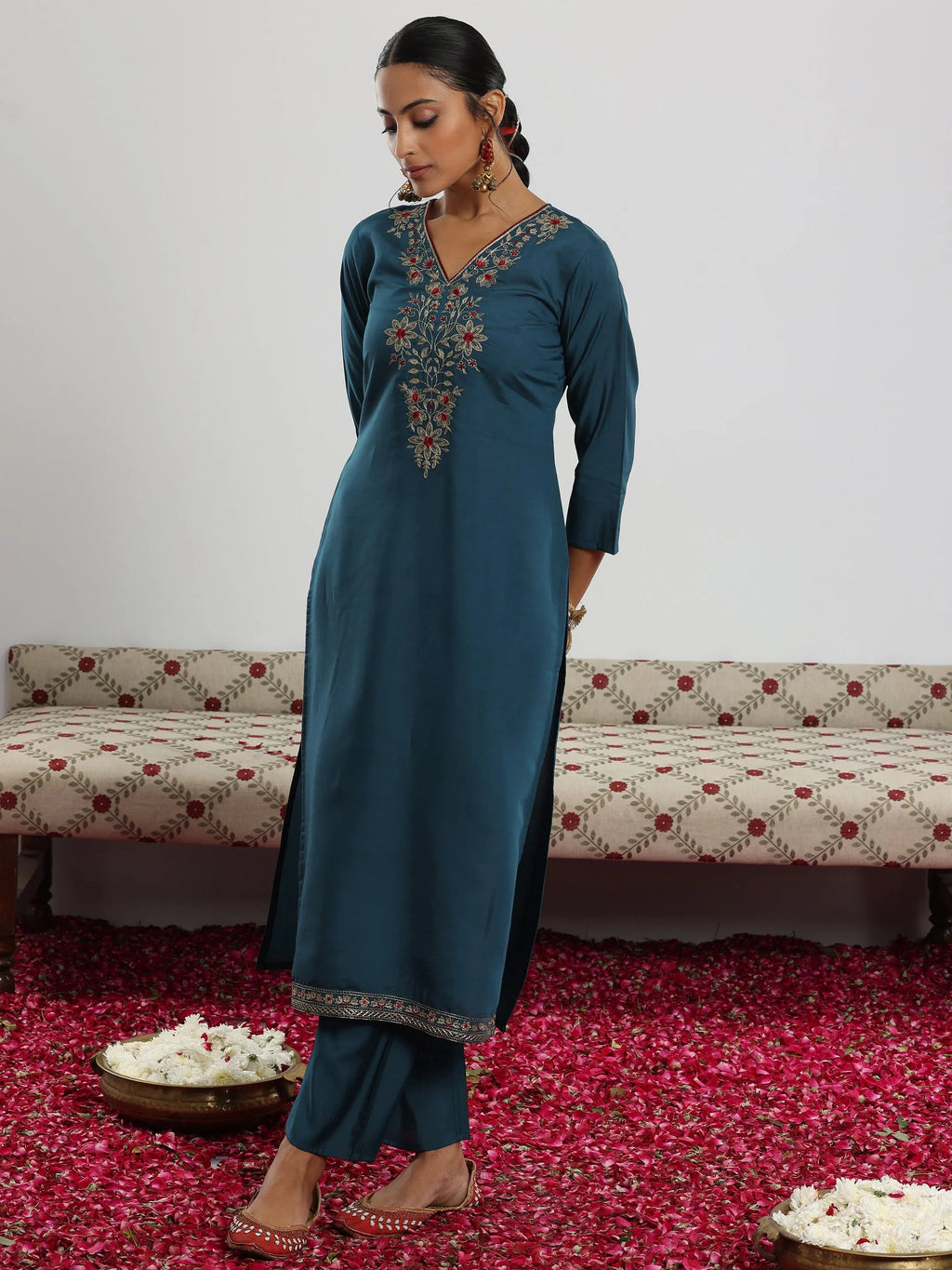 Gerua Teal Yoke Design Silk Blend Straight Suit With Dupatta