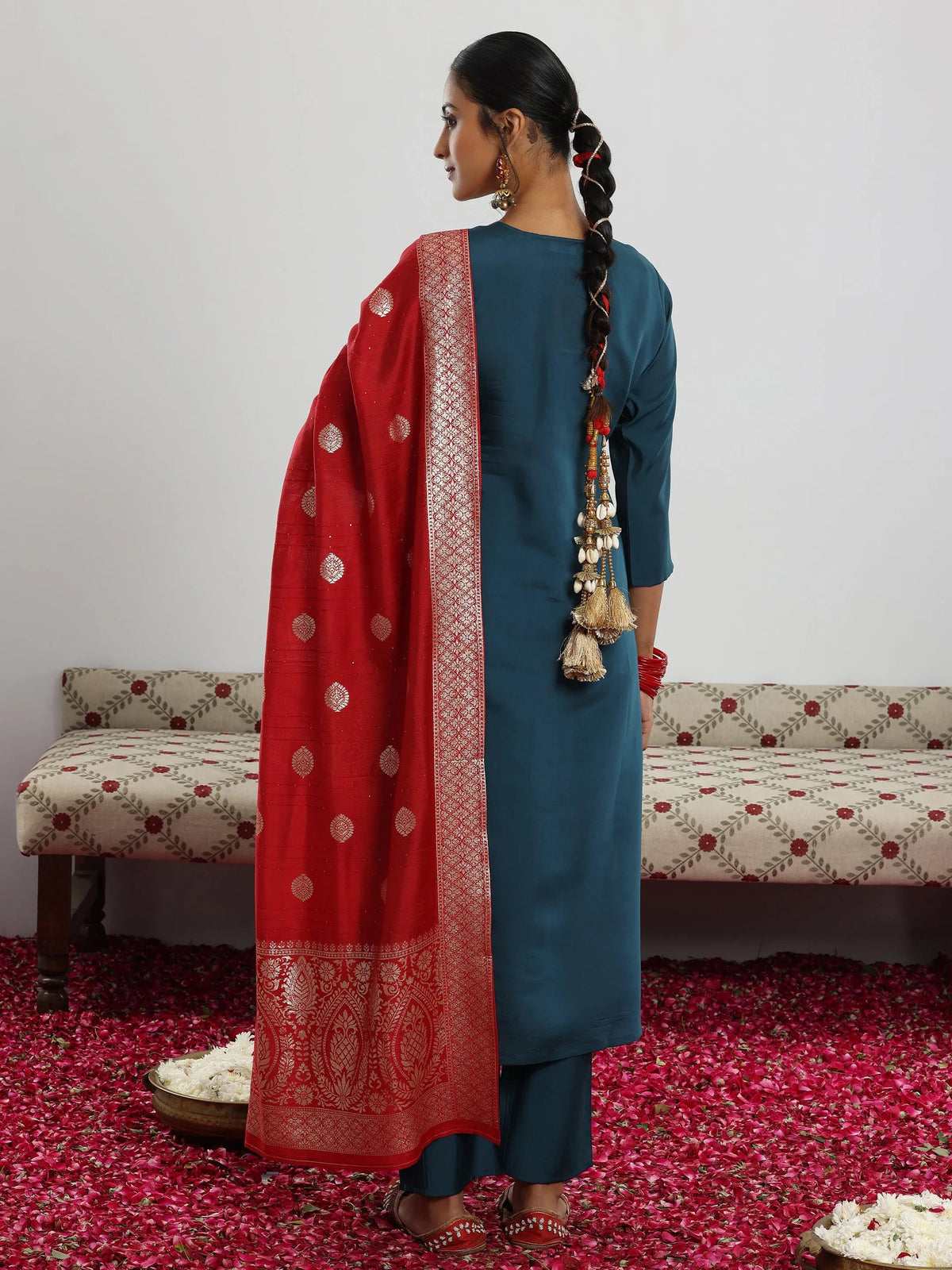 Gerua Teal Yoke Design Silk Blend Straight Suit With Dupatta