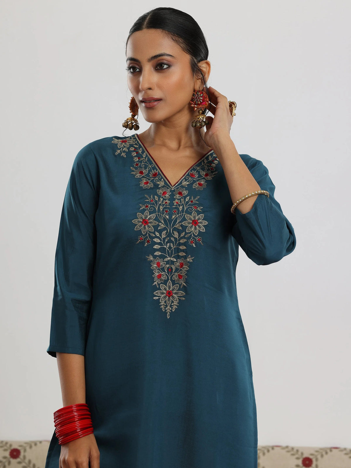 Gerua Teal Yoke Design Silk Blend Straight Suit With Dupatta